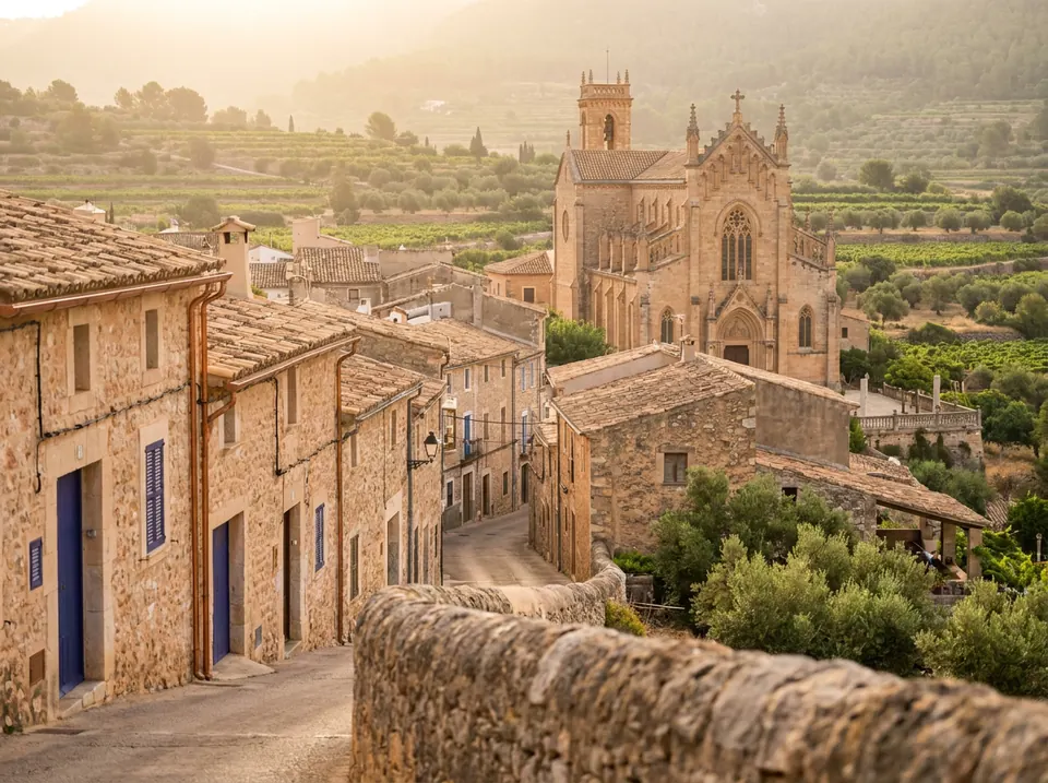 Pueblo de piedra con una gran iglesia entre bancales y viñas
